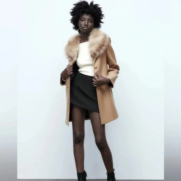 Zara Manteco Premium Wool Blend Tailored Camel Faux Fur Collar Coat - Picture 7 of 10